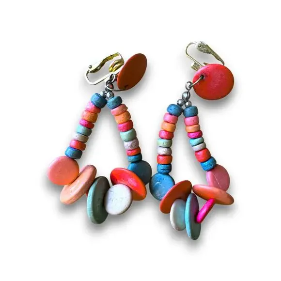 Vintage Double Strand Painted Wood Disc Necklace and Clip On Earring Set - Picture 8 of 9